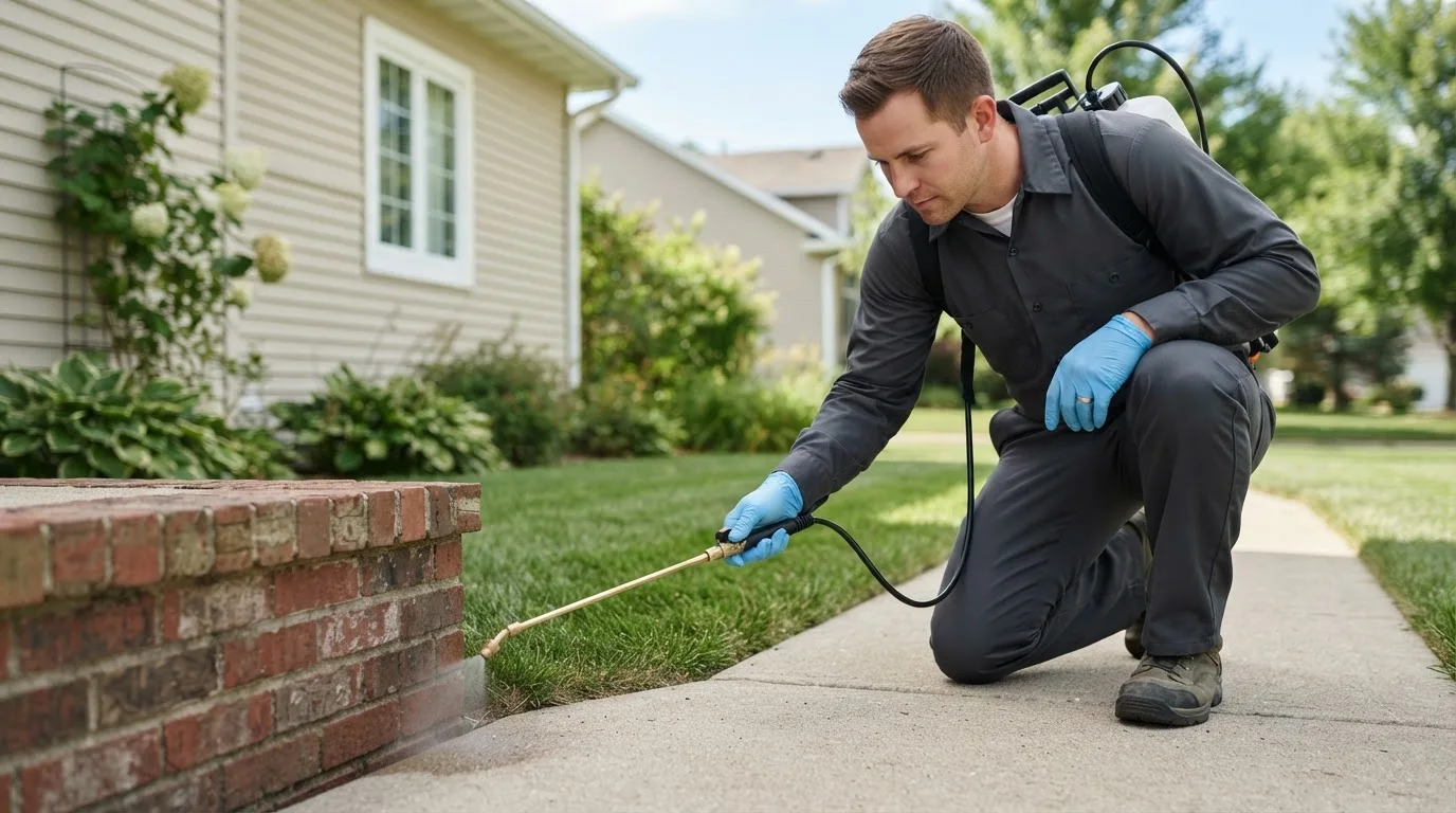 Pest control technician treating a home near Granville, OH