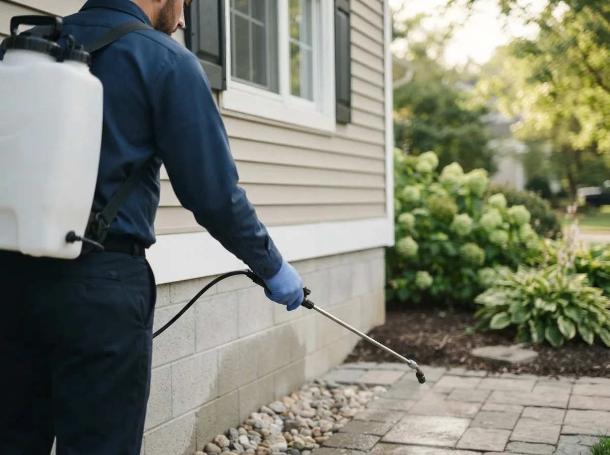 Pest control technician inspecting a home in Granville, OH